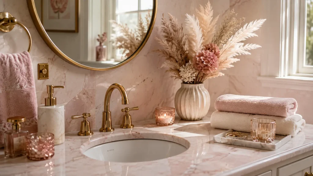 Feminine bathroom with blush pink marble vanity, brass faucet and mirror, and soft pink floral accents