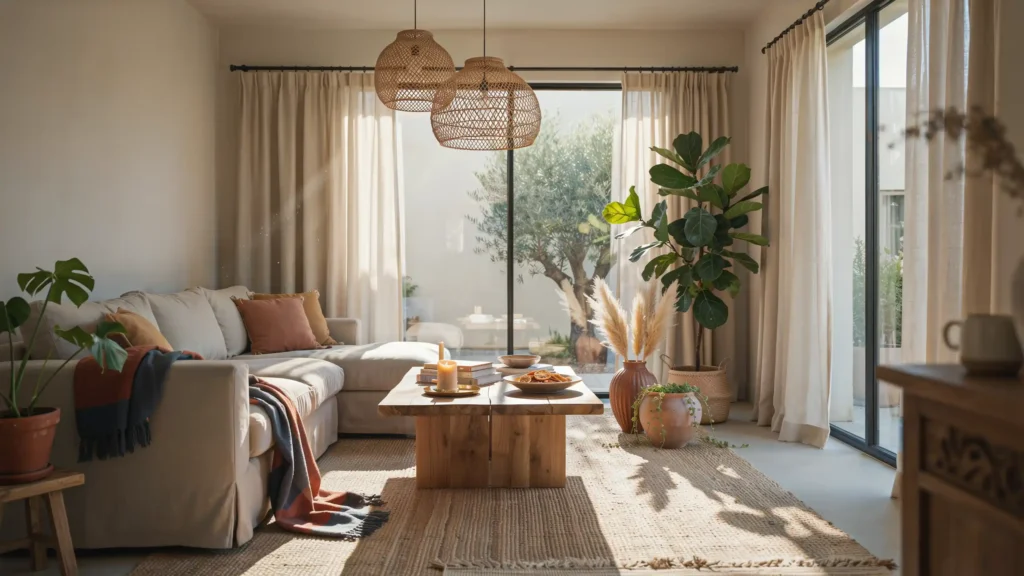 Afrohemian Living Room Ideas with earthy decor, linen sofa, woven lighting, and natural wood furniture