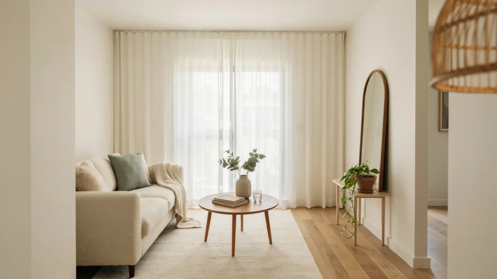Small living room with a compact sofa, accent chair, round coffee table, neutral rug, natural light, and an open space-saving layout.