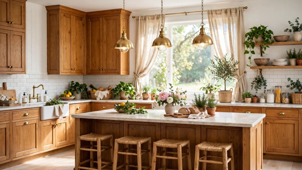 Warm kitchen with honey oak cabinets and soft white walls