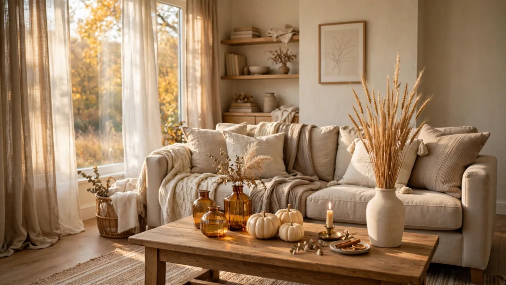 Cozy neutral fall living room with cream sofa, knit throws and warm lighting