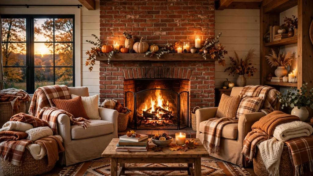 Cozy fall living room with glowing fireplace, baskets of blankets, plaid throws, and pumpkins on the mantel