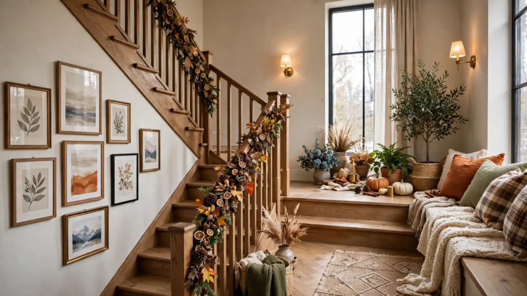 Styled indoor staircase and landing with gallery wall, plants and brass sconces