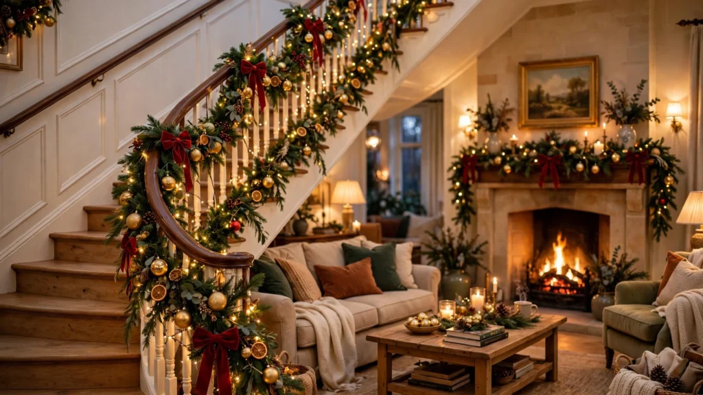 Magical Christmas staircase with glowing garland, lights, and festive decor in a cozy home