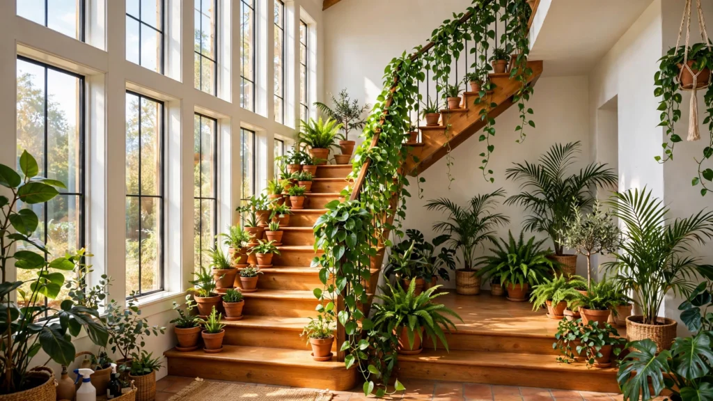 Sunlit staircase wrapped in lush greenery with trailing vines, palms, ferns, and terracotta pots.