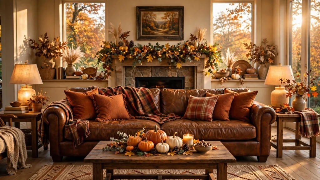 Cozy fall living room with brown leather couch, plaid throws and rust pillows